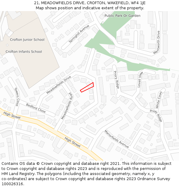 21, MEADOWFIELDS DRIVE, CROFTON, WAKEFIELD, WF4 1JE: Location map and indicative extent of plot