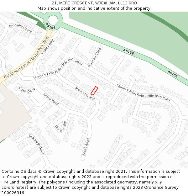 21, MERE CRESCENT, WREXHAM, LL13 9RQ: Location map and indicative extent of plot