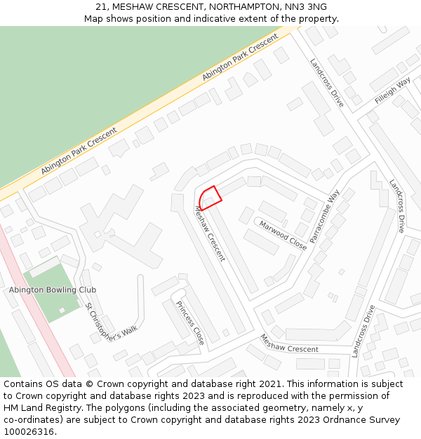 21, MESHAW CRESCENT, NORTHAMPTON, NN3 3NG: Location map and indicative extent of plot