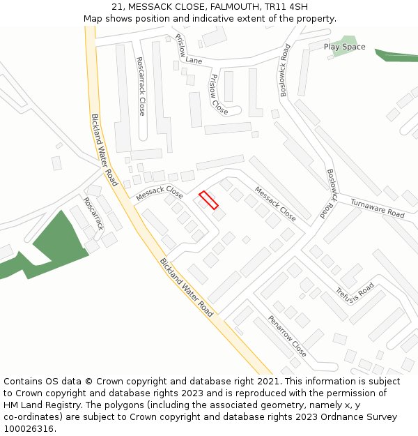 21, MESSACK CLOSE, FALMOUTH, TR11 4SH: Location map and indicative extent of plot