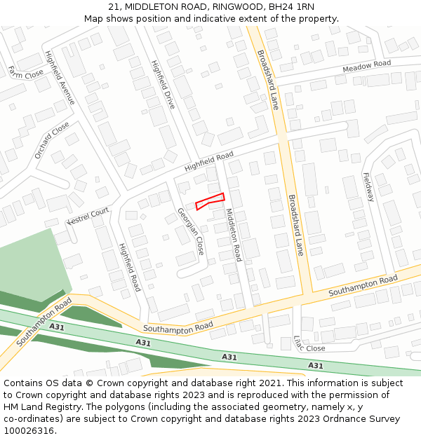 21, MIDDLETON ROAD, RINGWOOD, BH24 1RN: Location map and indicative extent of plot