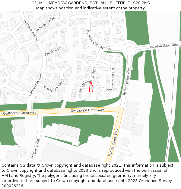 21, MILL MEADOW GARDENS, SOTHALL, SHEFFIELD, S20 2NS: Location map and indicative extent of plot