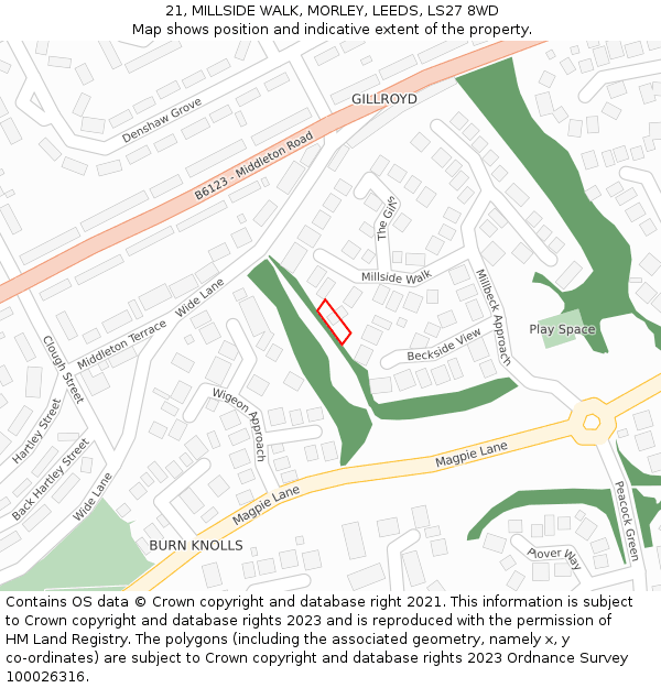 21, MILLSIDE WALK, MORLEY, LEEDS, LS27 8WD: Location map and indicative extent of plot