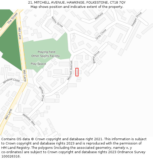 21, MITCHELL AVENUE, HAWKINGE, FOLKESTONE, CT18 7QY: Location map and indicative extent of plot