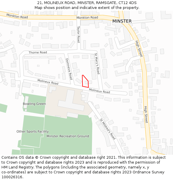 21, MOLINEUX ROAD, MINSTER, RAMSGATE, CT12 4DS: Location map and indicative extent of plot