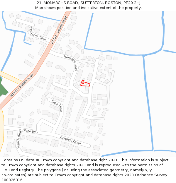 21, MONARCHS ROAD, SUTTERTON, BOSTON, PE20 2HJ: Location map and indicative extent of plot