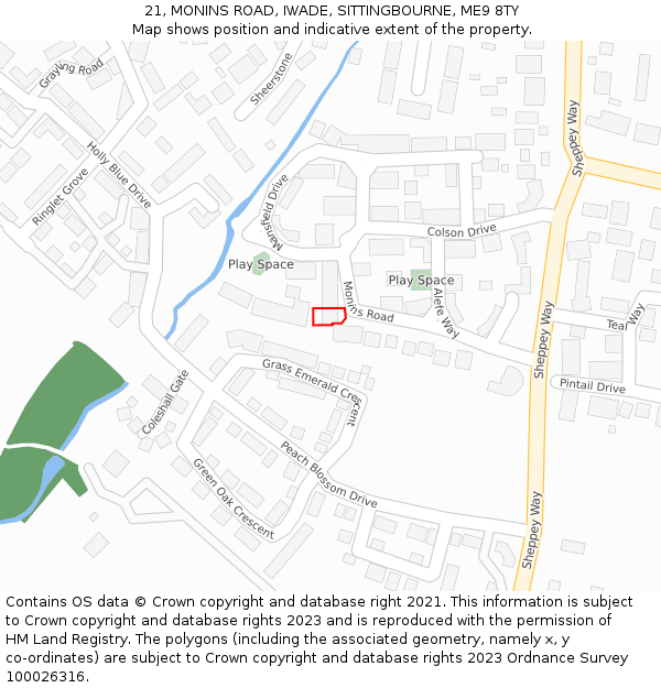 21, MONINS ROAD, IWADE, SITTINGBOURNE, ME9 8TY: Location map and indicative extent of plot