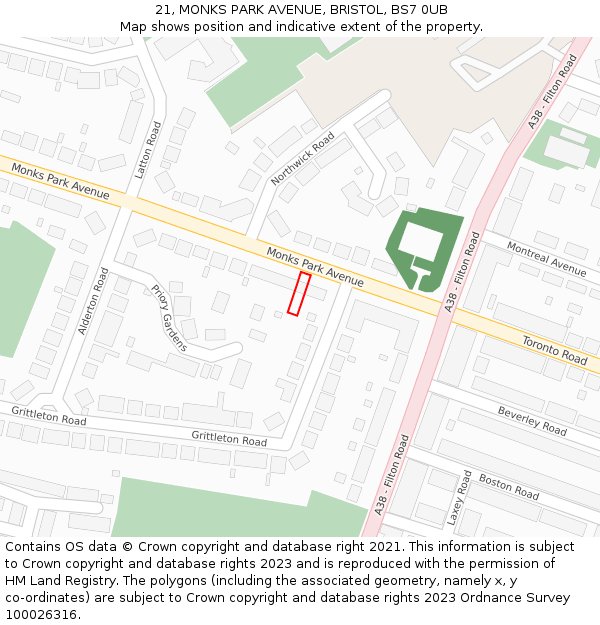 21, MONKS PARK AVENUE, BRISTOL, BS7 0UB: Location map and indicative extent of plot