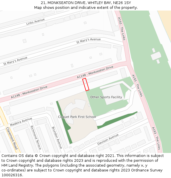 21, MONKSEATON DRIVE, WHITLEY BAY, NE26 1SY: Location map and indicative extent of plot