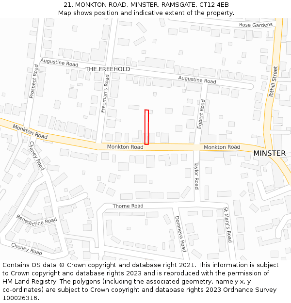 21, MONKTON ROAD, MINSTER, RAMSGATE, CT12 4EB: Location map and indicative extent of plot