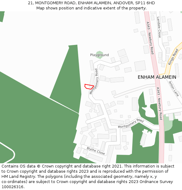 21, MONTGOMERY ROAD, ENHAM ALAMEIN, ANDOVER, SP11 6HD: Location map and indicative extent of plot