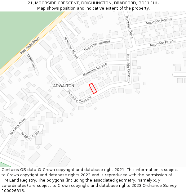 21, MOORSIDE CRESCENT, DRIGHLINGTON, BRADFORD, BD11 1HU: Location map and indicative extent of plot