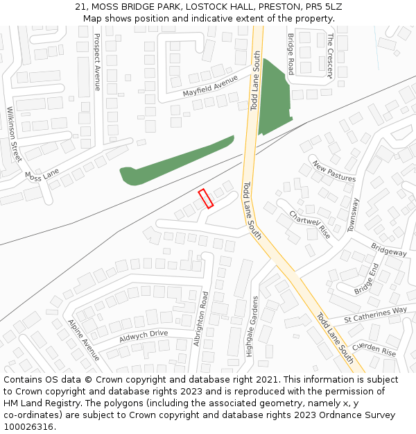21, MOSS BRIDGE PARK, LOSTOCK HALL, PRESTON, PR5 5LZ: Location map and indicative extent of plot