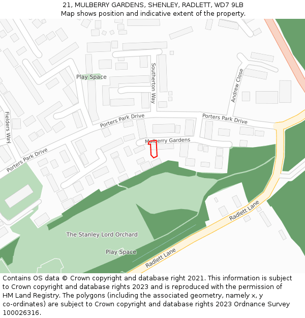 21, MULBERRY GARDENS, SHENLEY, RADLETT, WD7 9LB: Location map and indicative extent of plot
