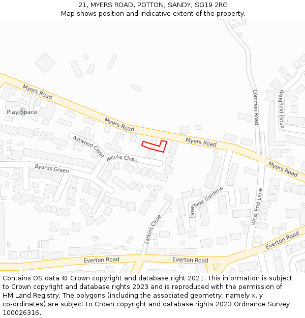 21, MYERS ROAD, POTTON, SANDY, SG19 2RG: Location map and indicative extent of plot