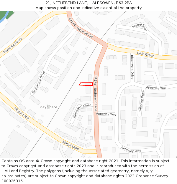 21, NETHEREND LANE, HALESOWEN, B63 2PA: Location map and indicative extent of plot