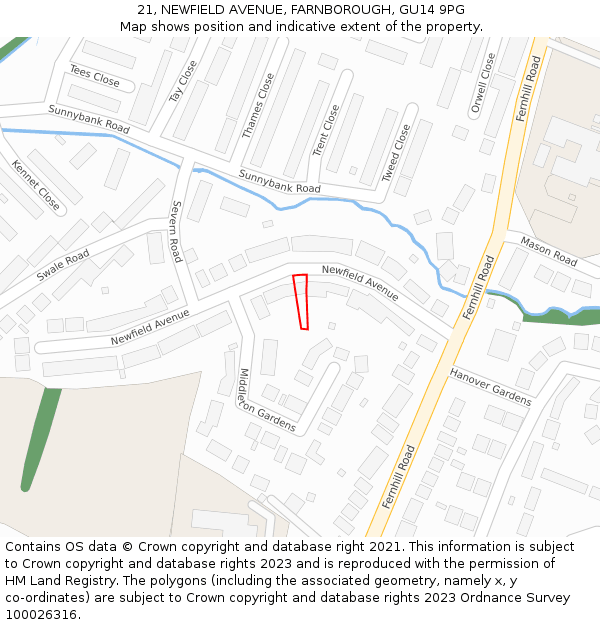 21, NEWFIELD AVENUE, FARNBOROUGH, GU14 9PG: Location map and indicative extent of plot