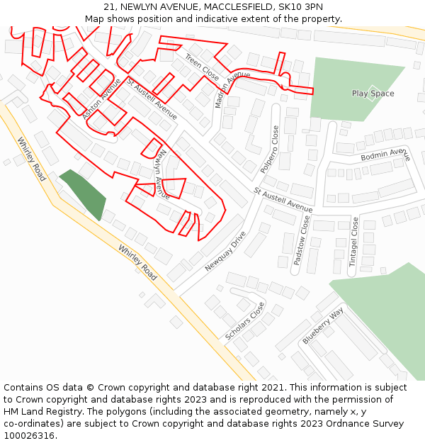 21, NEWLYN AVENUE, MACCLESFIELD, SK10 3PN: Location map and indicative extent of plot