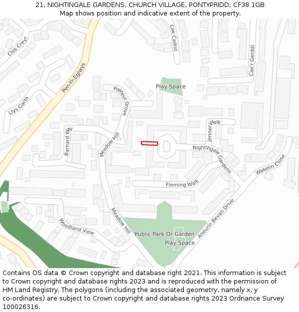 21, NIGHTINGALE GARDENS, CHURCH VILLAGE, PONTYPRIDD, CF38 1GB: Location map and indicative extent of plot