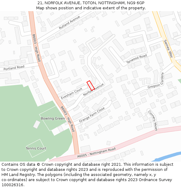 21, NORFOLK AVENUE, TOTON, NOTTINGHAM, NG9 6GP: Location map and indicative extent of plot