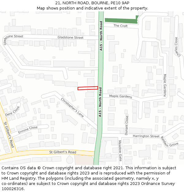 21, NORTH ROAD, BOURNE, PE10 9AP: Location map and indicative extent of plot