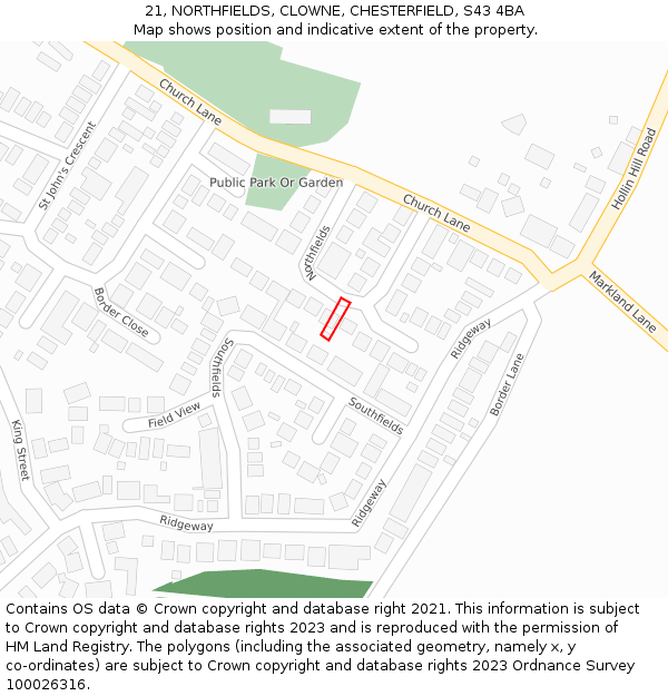 21, NORTHFIELDS, CLOWNE, CHESTERFIELD, S43 4BA: Location map and indicative extent of plot
