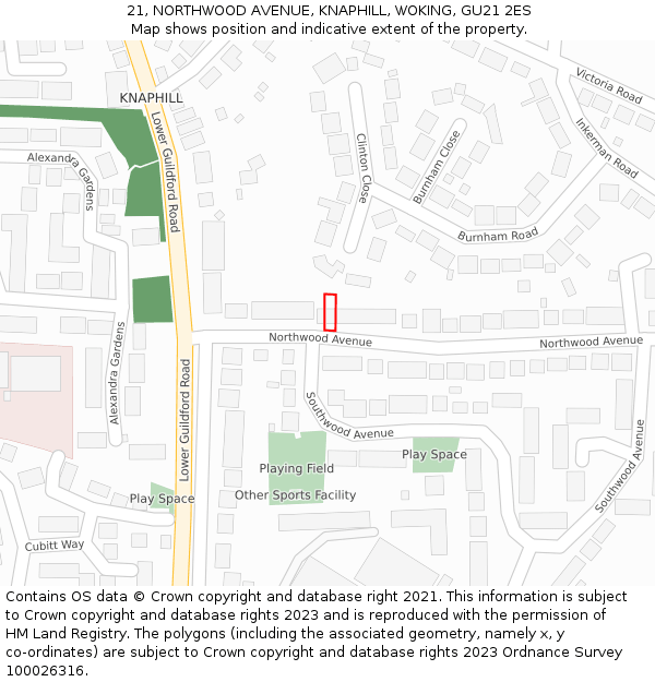 21, NORTHWOOD AVENUE, KNAPHILL, WOKING, GU21 2ES: Location map and indicative extent of plot