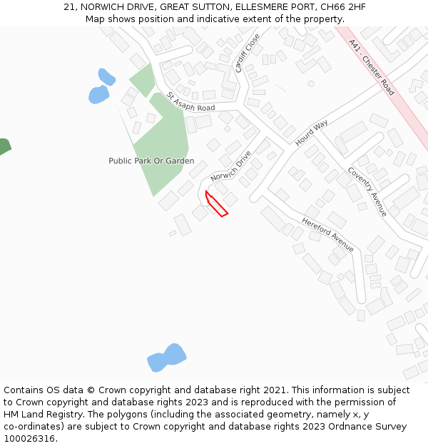 21, NORWICH DRIVE, GREAT SUTTON, ELLESMERE PORT, CH66 2HF: Location map and indicative extent of plot