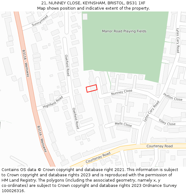 21, NUNNEY CLOSE, KEYNSHAM, BRISTOL, BS31 1XF: Location map and indicative extent of plot