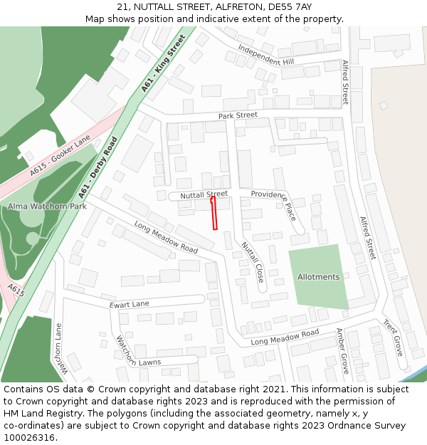 21, NUTTALL STREET, ALFRETON, DE55 7AY: Location map and indicative extent of plot