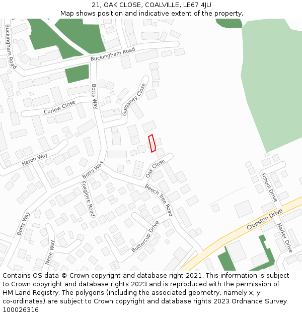 21, OAK CLOSE, COALVILLE, LE67 4JU: Location map and indicative extent of plot