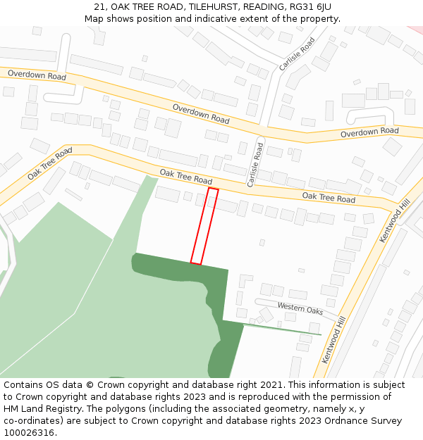 21, OAK TREE ROAD, TILEHURST, READING, RG31 6JU: Location map and indicative extent of plot