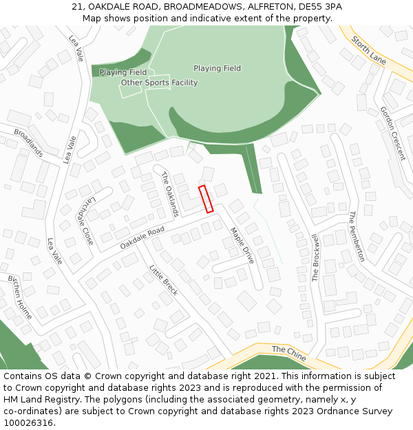 21, OAKDALE ROAD, BROADMEADOWS, ALFRETON, DE55 3PA: Location map and indicative extent of plot