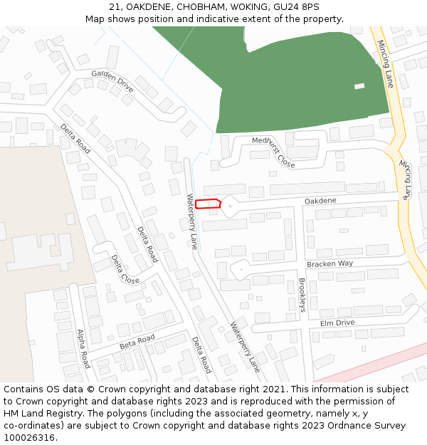 21, OAKDENE, CHOBHAM, WOKING, GU24 8PS: Location map and indicative extent of plot