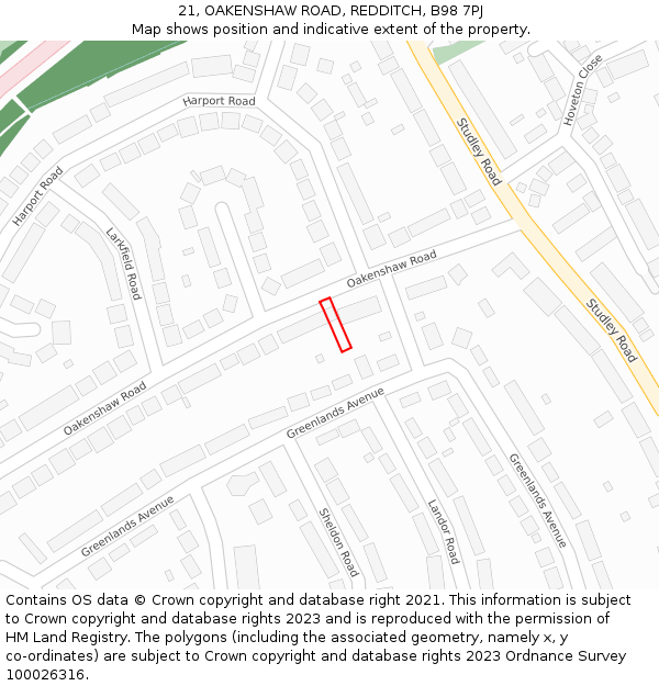 21, OAKENSHAW ROAD, REDDITCH, B98 7PJ: Location map and indicative extent of plot