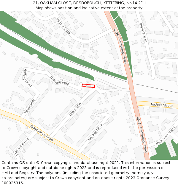 21, OAKHAM CLOSE, DESBOROUGH, KETTERING, NN14 2FH: Location map and indicative extent of plot
