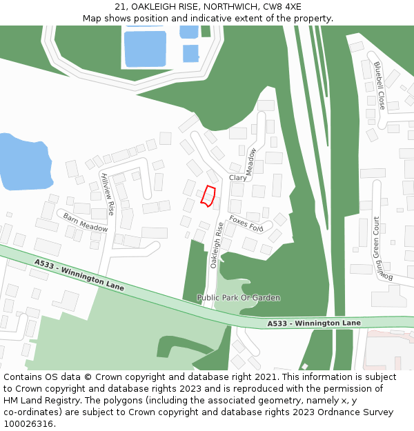 21, OAKLEIGH RISE, NORTHWICH, CW8 4XE: Location map and indicative extent of plot