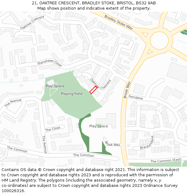 21, OAKTREE CRESCENT, BRADLEY STOKE, BRISTOL, BS32 9AB: Location map and indicative extent of plot