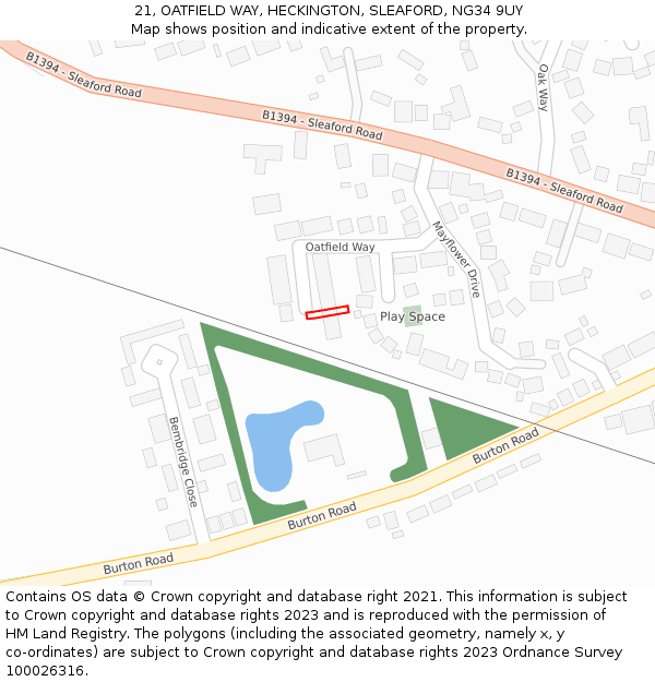 21, OATFIELD WAY, HECKINGTON, SLEAFORD, NG34 9UY: Location map and indicative extent of plot