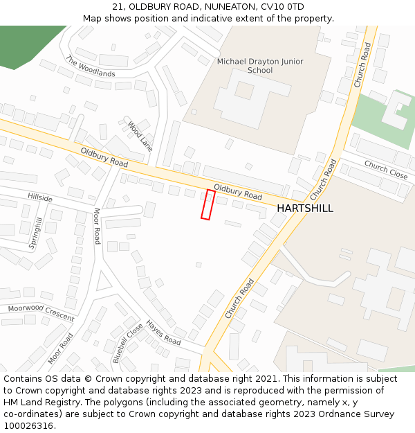 21, OLDBURY ROAD, NUNEATON, CV10 0TD: Location map and indicative extent of plot