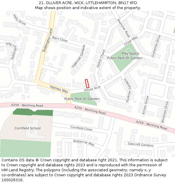 21, OLLIVER ACRE, WICK, LITTLEHAMPTON, BN17 6FD: Location map and indicative extent of plot