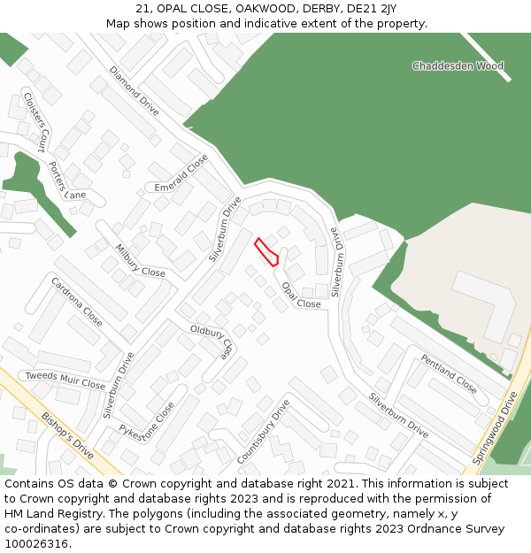 21, OPAL CLOSE, OAKWOOD, DERBY, DE21 2JY: Location map and indicative extent of plot