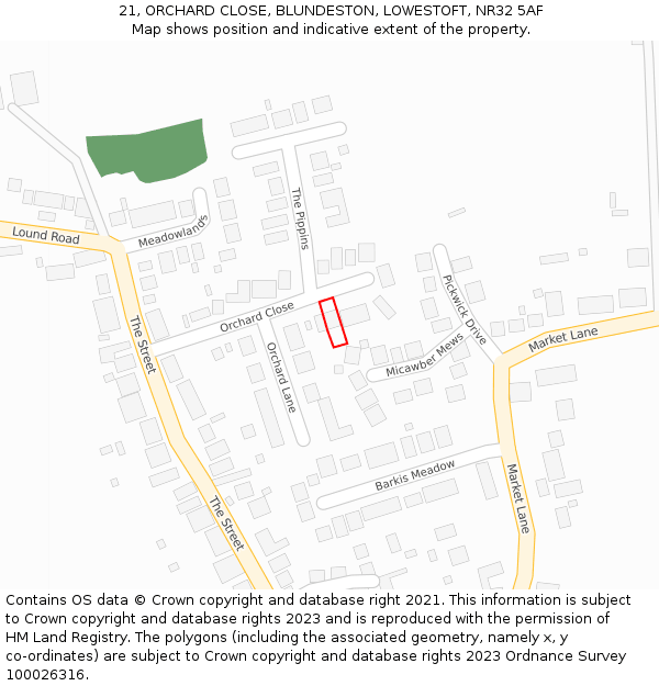 21, ORCHARD CLOSE, BLUNDESTON, LOWESTOFT, NR32 5AF: Location map and indicative extent of plot