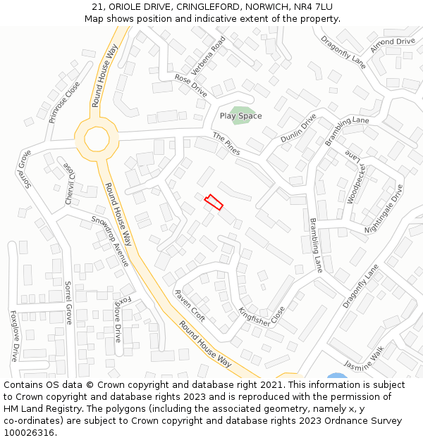21, ORIOLE DRIVE, CRINGLEFORD, NORWICH, NR4 7LU: Location map and indicative extent of plot