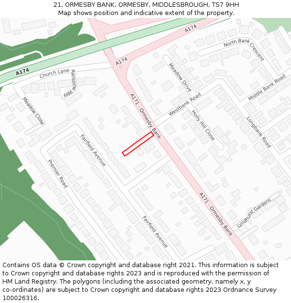 21, ORMESBY BANK, ORMESBY, MIDDLESBROUGH, TS7 9HH: Location map and indicative extent of plot