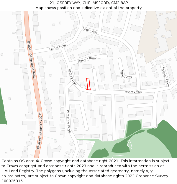 21, OSPREY WAY, CHELMSFORD, CM2 8AP: Location map and indicative extent of plot