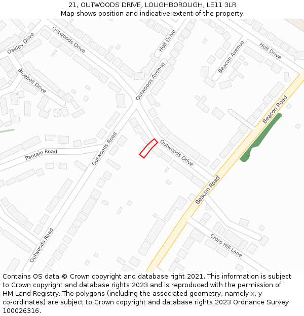 21, OUTWOODS DRIVE, LOUGHBOROUGH, LE11 3LR: Location map and indicative extent of plot