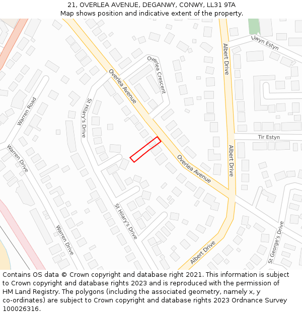 21, OVERLEA AVENUE, DEGANWY, CONWY, LL31 9TA: Location map and indicative extent of plot