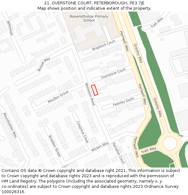 21, OVERSTONE COURT, PETERBOROUGH, PE3 7JE: Location map and indicative extent of plot