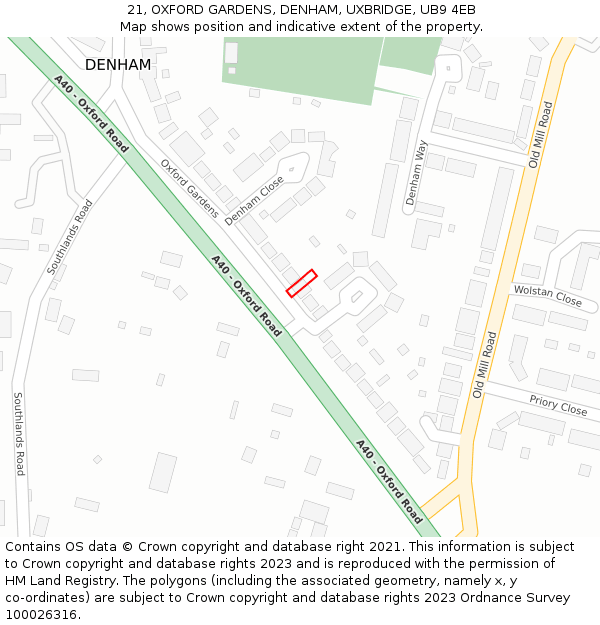 21, OXFORD GARDENS, DENHAM, UXBRIDGE, UB9 4EB: Location map and indicative extent of plot